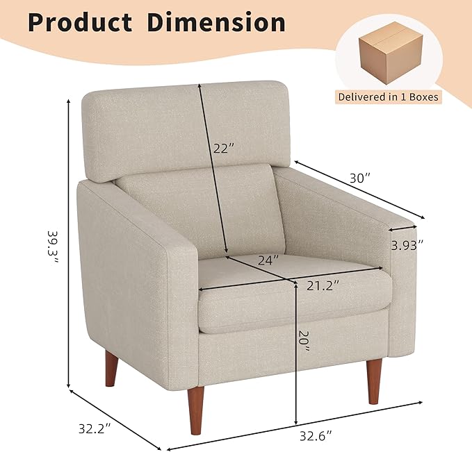 EJUNQ Mid-Century Accent Chair,Fabric Modern Reading Living Room Chairs, Upholstered Armchair with Wood Legs，Cozy Reading Chair for Living Room，Bedroom（Beige