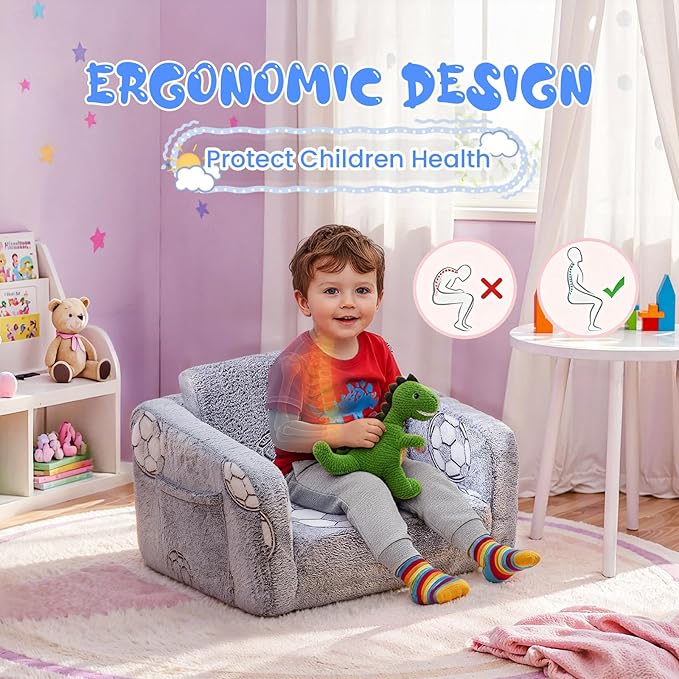 Lamerge 2-in-1 Soft Toddler Couch Fold Out,Foldable Toddler Chair, Glow in The Dark Kids Sofa for playroom,Convertible Foam and Floor Cushion for Boys and Girls (Grey and Football)