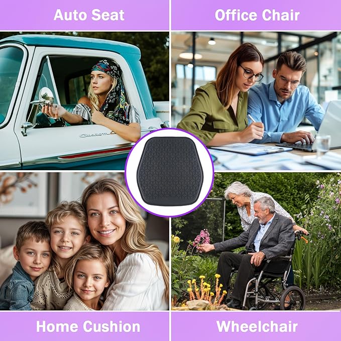 Binsheo Thin Gel Seat Cushion for Car Seat, Office Chair, Wheelchair, Golf Cart - Non-Slip Car Seat Cushions with 0.7 Inch Gel - Sciatica & Coccyx Pain Relief (Fabric, Black)