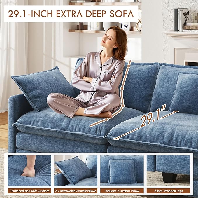 WorthFurni 77 Inch Cloud Sofa Loveseat, Comfy Sectional Couch, 2-Seater Chenille Deep Seat Sofa with Throw Pillows for Living Room Bedroom Apartment (Blue)