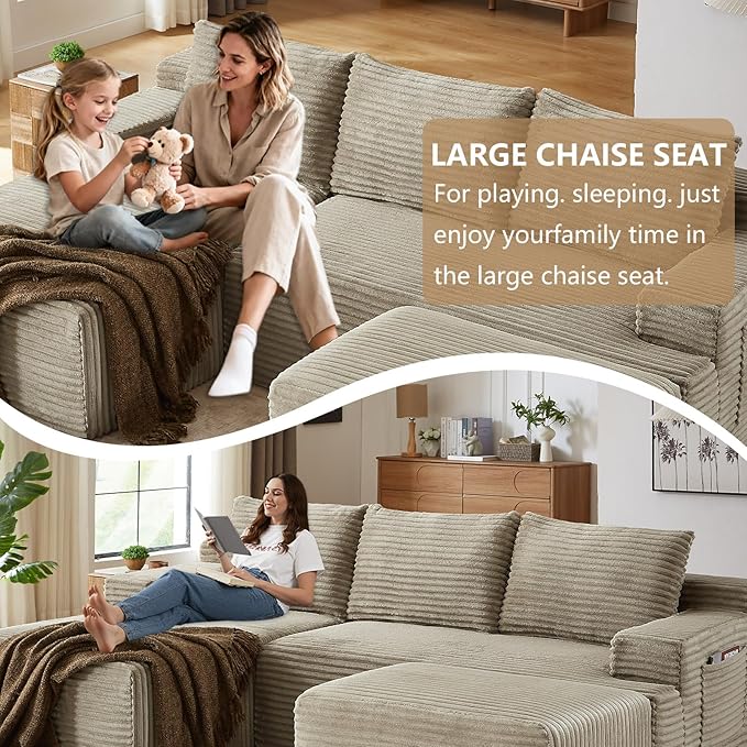 96" U-Shape Cloud Couch, Modern Modular Sectional L-Shape Sofa with Ottoman, Corduroy Upholstered Couches Deep Seat Sleeper Chaise Longue for Living Room, No Assembly Required(Camel, Left Facing)