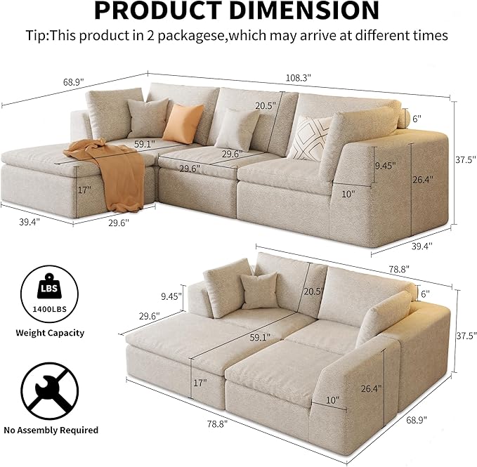 109" Oversized L Shaped Modular Sectional Sofa,Cloud Sectional Couch with Ottoman Deep Seat,Boneless Memory Foam Sofa for Living Room,Teddy Fleece Fabric, No Tools Assembly Required (Beige,1 Ottoman)