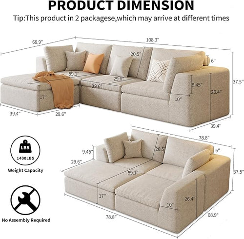 109" Oversized L Shaped Modular Sectional Sofa,Cloud Sectional Couch with Ottoman Deep Seat,Boneless Memory Foam Sofa for Living Room,Teddy Fleece Fabric, No Tools Assembly Required (Beige,1 Ottoman)