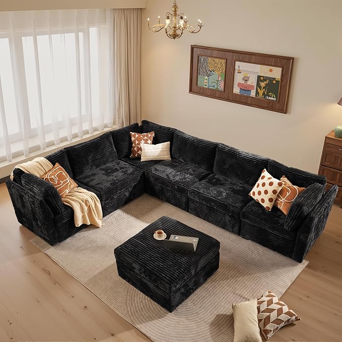 CAODOC Large 7 Seat Modular Sectional Sofa with Ottoman Seat Corduroy Sleeper Sectional Sofa Bed Oversized Convertible Modular Couch for Living Room