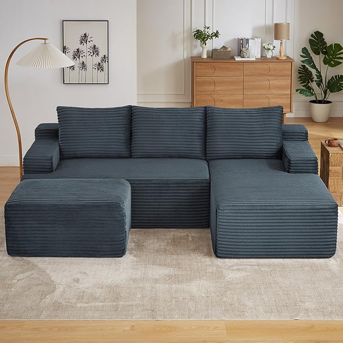 96" W Cloud Sectional Couch with Ottoman,Modern U-Shaped Cloud Couch with Side Pockets,Comfy Corduroy 3-Seater Sofa,Memory Foam Sofa for Living Room,No Assembly (Dark Grey,Right-Facing Chaise)