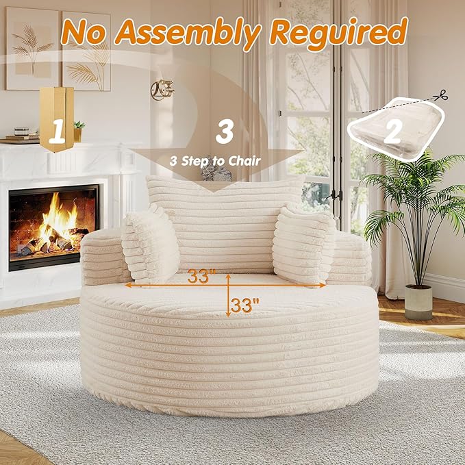 50"W Oversized Round Chaise Lounge Chair Indoor, Upholstered Corduroy Deep Seat Cloud Circle Sofa Chair, Modern Fluffy Comfy Floor Reading Armchair for Living Room, Bedroom, No Assembly Required,Beige
