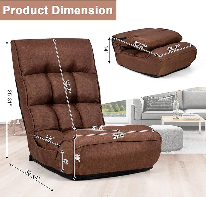 MAT EXPERT Folding Floor Chair, Floor Gaming Chair w/ 4-Position Backrest, 5-Position Adjustable Headrest, Side Pocket, Indoor Floor Chair w/Back Support for Bedroom, Living Room (Coffee)