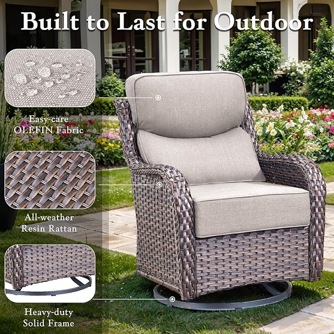 moosprr Luxury High Back Outdoor Furniture with 6-inch Extra Thick Cushions, Patio Furniture Set with Swivel Chairs, 8 PCS Wicker Conversation Set for Yard, Deck, Poolside, Brown/Beige