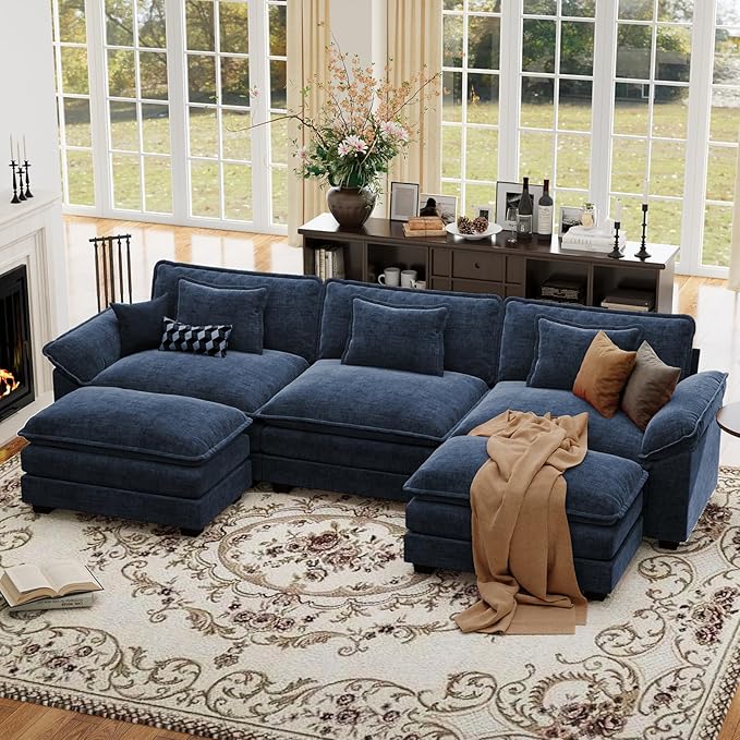 CDCASA 154" Oversized Modular Sectional Sofa, Comfy U-Shaped Cloud Couch w/ 3 Movable Ottoman, 7-Seater Chenille Deep Seat Modern Sofa Couch for Living Room, DIY Combination, Blue