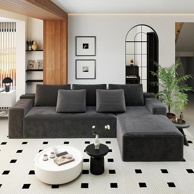 KAPEETOO Modular Sectional Sofa Cloud Couch for Living Room, Right L Shaped Boneless Couch with Chaise Longue, Oversize 3-Seater Sectional Sleeper Sofa Set with Deep Seat Bedroom (Grey)