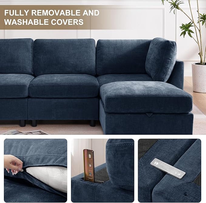 EDILLY 122 inches Oversized Modular Sectional Fabric Cloud Sofa Set, Extra Large L Shaped Couch Reversible Chaise Couch,4 Seat Modular Sofa with Storage Ottoman, Blue