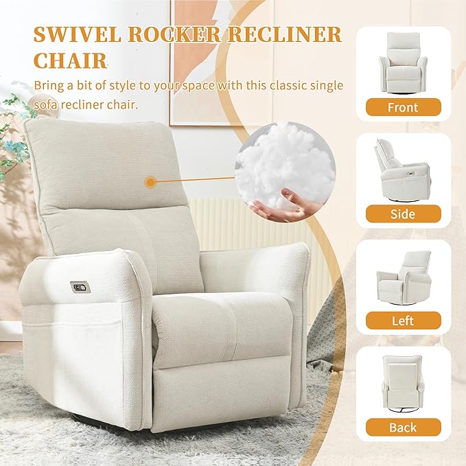QKFF Power Swivel Rocker Recliner Chair for Nursery, Upholstered Snowflake Velvet 270°Swivel Glider Rocker Chair with USB Ports, Small Power Recliners for Small Spaces Living Room