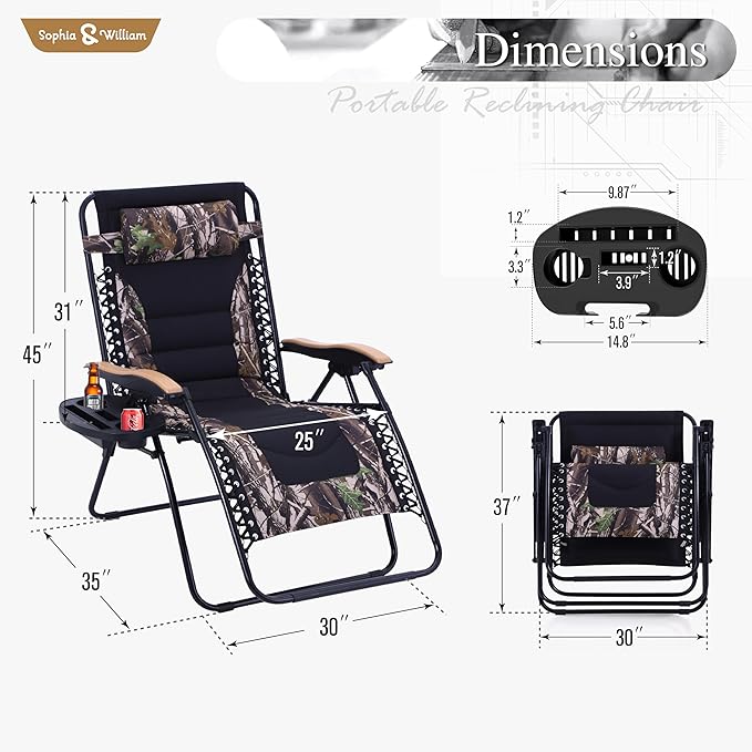 Sophia & William Oversize Zero Gravity Chair, Padded Recliner with Free Cup Holder, Supports 400 LBS (Camouflage)