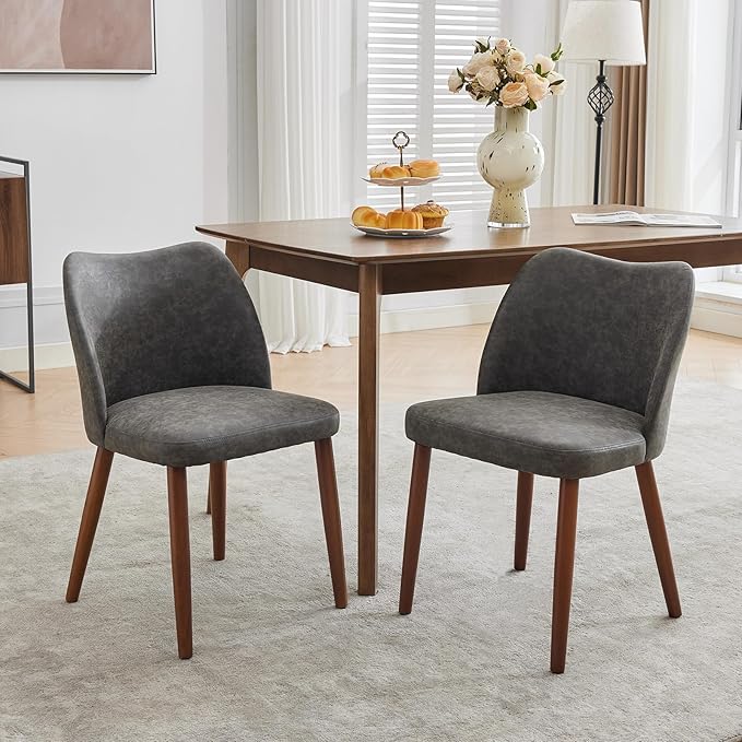 ElfinAura Dining Chair Set of 4, Leather Upholstered Dining Chair with Wood Legs, Wing Backrest, Wooden Kitchen Chair, Kitchen Chairs with Thick Cushions for Dining Room, Living Room, Dark Grey