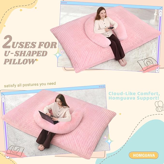 Homguava Giant Bean Bag Chair for Adults with Pillow, 4 in 1 Convertible Floor Cushion for Adluts, Memory Foamed Bean Bag Lounger with Washable Cover for Living Room, Bedroom