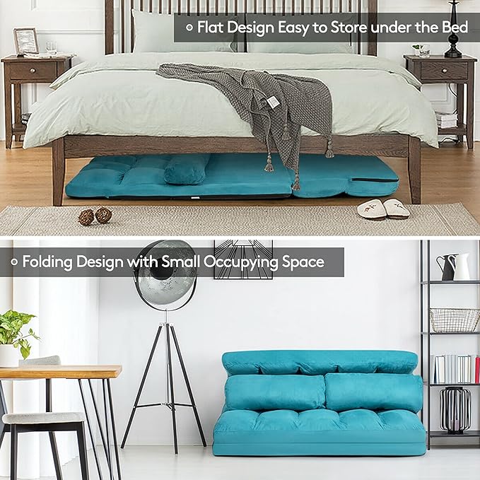 DORTALA Foldable Floor Sofa, 6-Position Adjustable Lounge Couch with 2 Pillows & Suede Cloth Cover, Modern Lounge Mattress Video Gaming Lazy Couch, Suede Floor Seating Sofa, 71" x 44.5", Blue