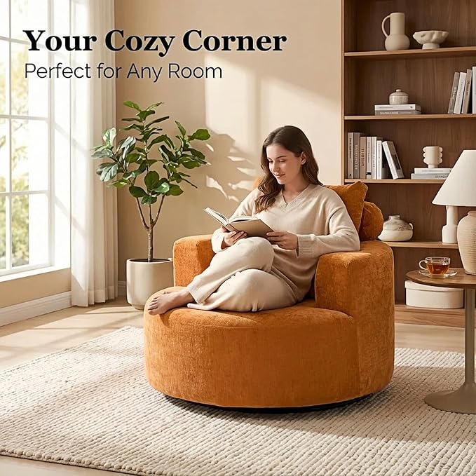 Furnimart 40" Oversized Barrel Accent Chair Set of 2, 360° Swivel Round Upholstered Sofa, Chenille High-Resilience Sponge, No Assembly, Wide Seat for Living Room, Bedroom, Apartment (Orange)