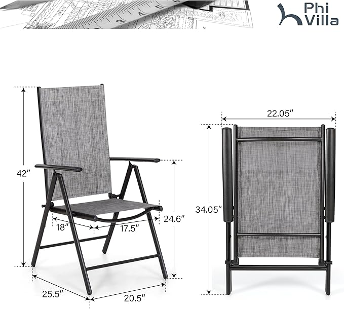 PHI VILLA Outdoor Patio Folding Chairs Set of 6, Portable Patio Dining Chairs with Adjustable Backrest for Outside, Garden, Lawn & Yard, No Assembly, Grey