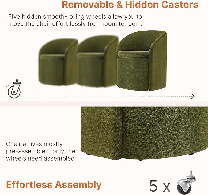 Upholstered Dining Chairs with Casters, Rolling Modern Dining Room Chairs with Hidden Storage & Barrel Backrest, Easy Assembly Accent Chair for Bedroom, Living Room, Dressing, Green Fabric,4PCS