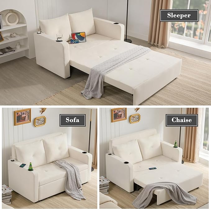 Krcix 3 in 1 Pull Out Couch, 56 Inch Velvet Sofa Bed, Convertible Loveseat Sleeper Sofa for Living Room, Small Space, Upholstered Couch Bed with USB, Cup Holder(Beige)