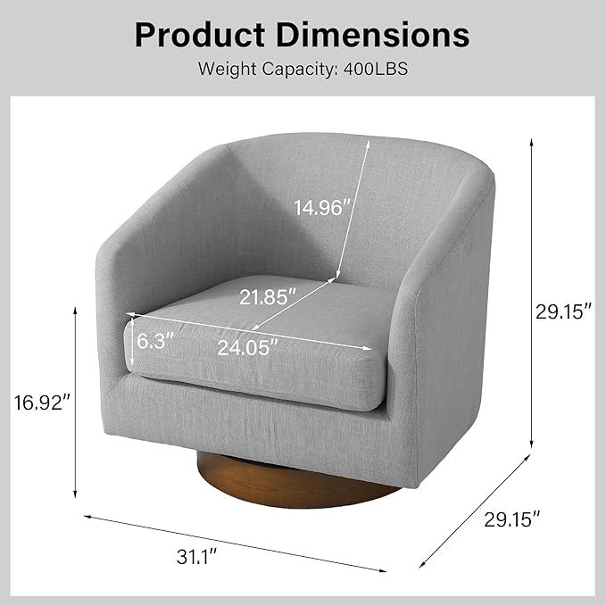 Swivel Barrel Chair, Modern Round PU Leather Accent Armchair for Living Room, Bedroom, Oversized Comfy Club Reading Chairs for Adults (Fabric Light Grey, Set of 1)