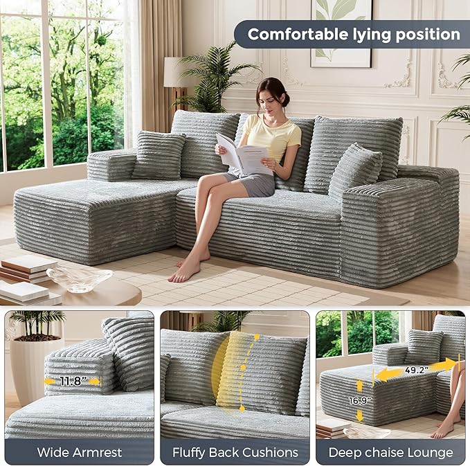 HYJT-H&K Modular Sectional Sofa Cloud Couch, 107" Comfy L Shaped Sectional Couches for Living Room, Deep Seat Memory Foam Plush Fluffy Corduroy Boneless Couch Sectionals Left Facing Sofa Chaise Grey