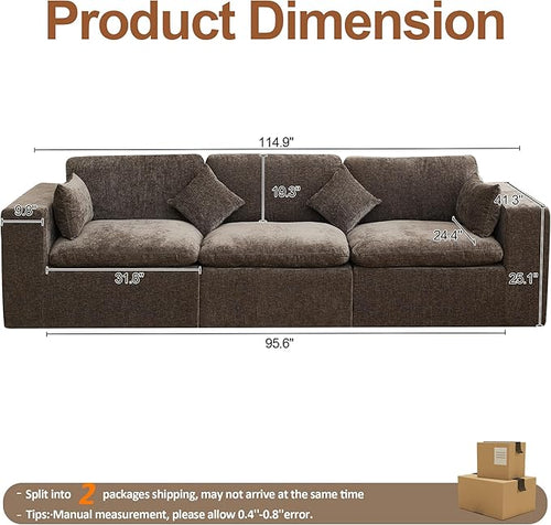115''Cloud Boneless Sectional Couch, Modular Sectional Sofa Deep Seat, Oversized Upholstered Convertible Comfy 3 Seater Chenille Memory Foam Sofa Couches for Living Room, Brown