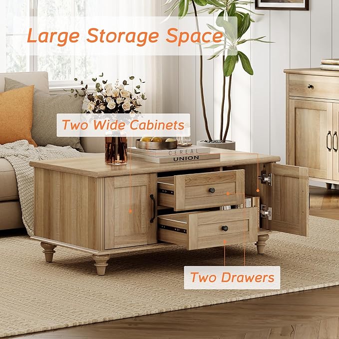 WAMPAT Oak Coffee Table with Drawer & Storage Cabinet, Farmhouse Rustic Center Table for Living Room, Rectangle Wooden Cocktail Table Tea Table for Home, Office