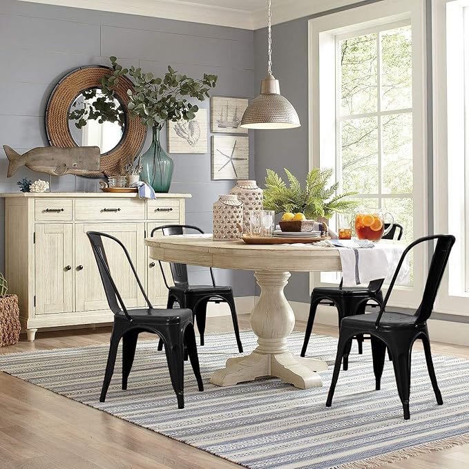 Devoko Metal Indoor-Outdoor Chairs Distressed Style Kitchen Dining Chairs Stackable Side Chairs with Back Set of 4 (Black)