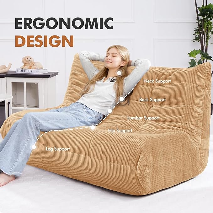Bean Bag Chair,Giant Beanbag Chairs for Adults,Comfy Large Fireside Chair Lazy Sofa,Corduroy Bean Bag Lounger with Memory Foam Filled,Floor Sofa Couch for Home,Living Room (Khaki, Loveseat)