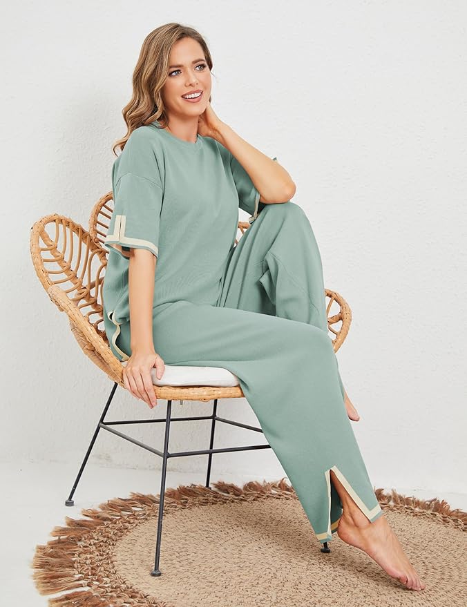 Faleave Womens Knit 2 Piece Sweater Sets Short Sleeve Pullover Tops Elastic Waist Wide Leg Pants Lounge Set