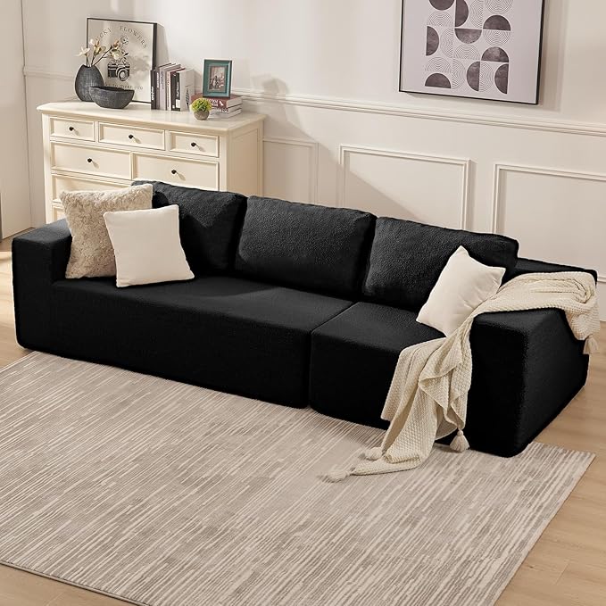 Furnify 106" 3-Seater Sofa, Cloud Modular Sofa with Certified Foam, Upholstered Floor Sofa with Deep Seat, Upholstered Sofa for Bedroom Living Room, No Assembly Required (Black, Teddy Boucle)