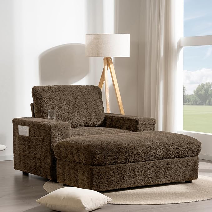 Indoor Chaise Lounge with Storage Ottoman, Armrests, and Cup Holders, Oversized Sleeper Chair for Living Room and Bedroom, 4 Colors