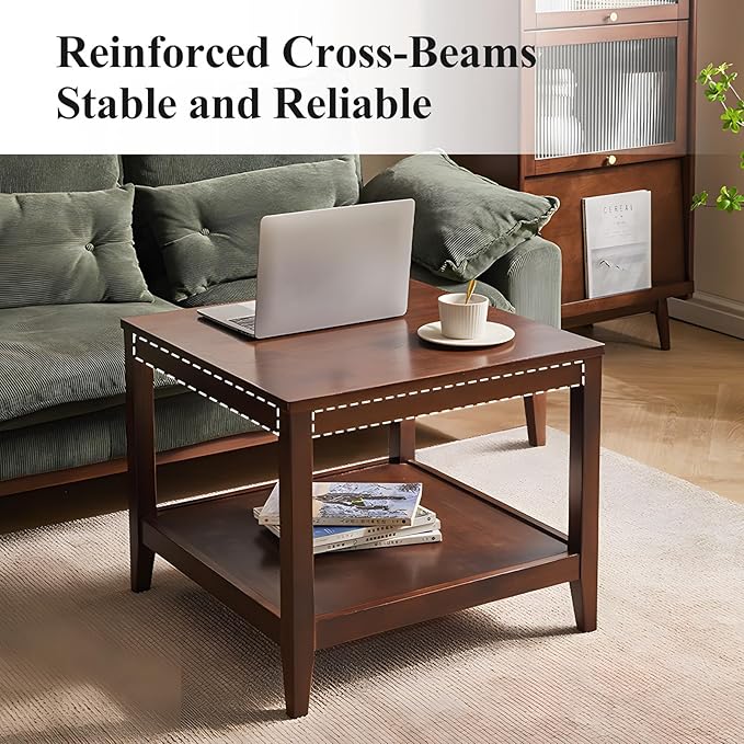 Cttasty Side Table, Solid Wood Square End Table with Storage Shelf, 2-Tier Coffee Table for Living Room, Rubber Wood Small Sofa Table, Nightstand 23.62 H x 23.62 W x 23.62 D Inches (Walnut)