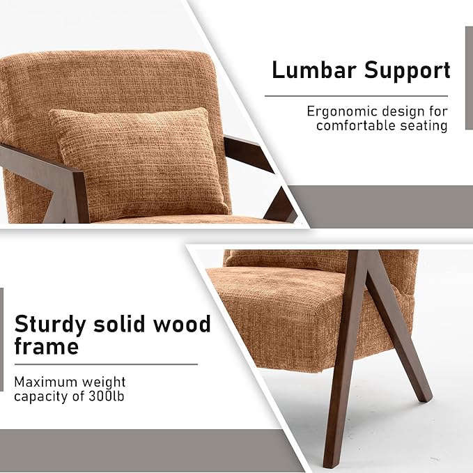 Mid-Century Modern Accent Chair with Solid Wood Frame，Upholstered Chenille Living Room Arm Chairs with Pillow for Bedroom, Living Room, Reading Room, Balcony, Brown