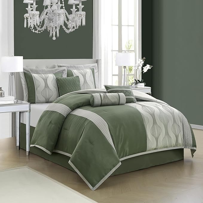 Grand Avenue 7 Piece Green Comforter Set, California King Size Jacquard Bedding Set, All Season Geometric Patchwork Bedding Set, Matching Pillows, Shams, Bed Skirt