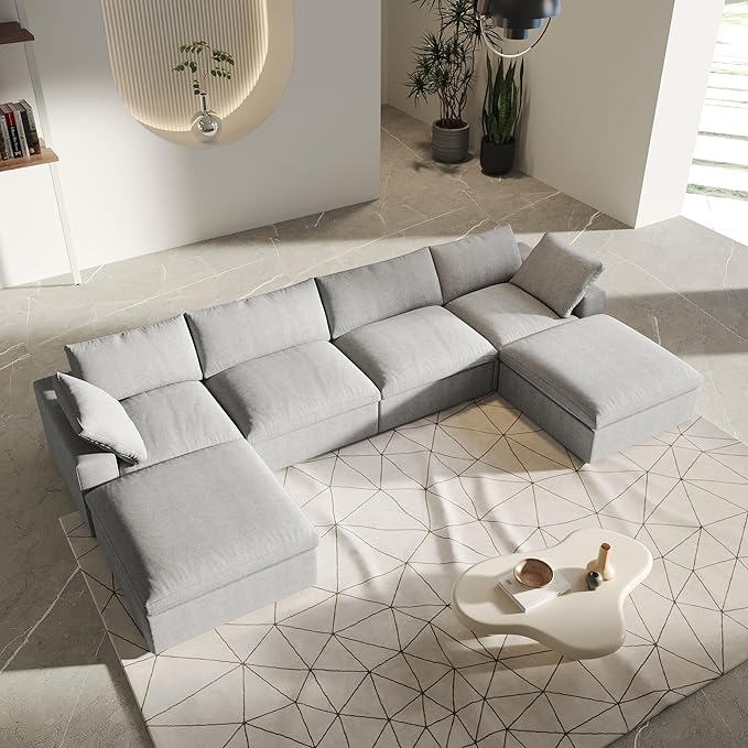 U-Shaped Cloud Sectional Couch, Oversize Modular Sofa, Modern Comfy Cloud Sofa with Storage Ottomans, Covers Removable, Convertible Sleeper Couch for Living Room Apartment (Light Grey, Linen Fabric)