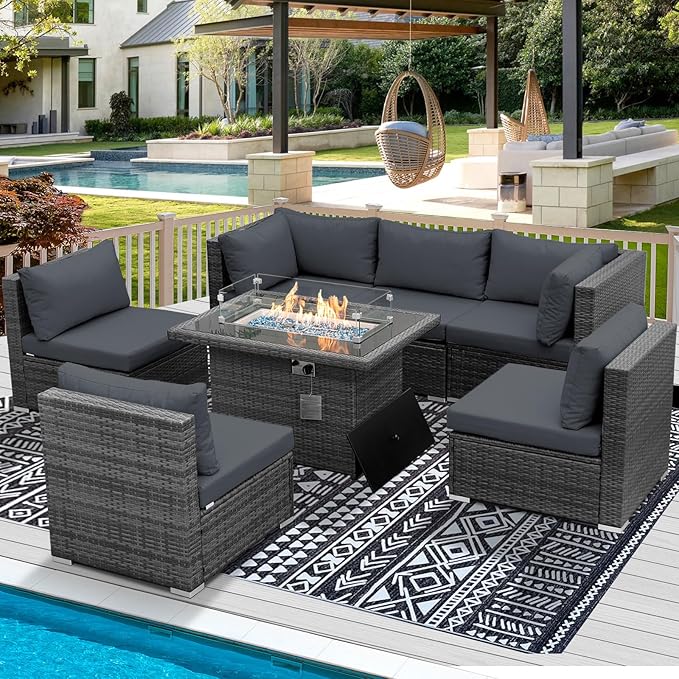 RADIATA 7 Piece Wicker Patio Furniture Set with Fire Pit, All-Weather Outdoor Sectional Couch High Back Large Size, Modular Backyard Seating Sofa Set with Propane/Natural Gas Firepit Table, Dark Gray