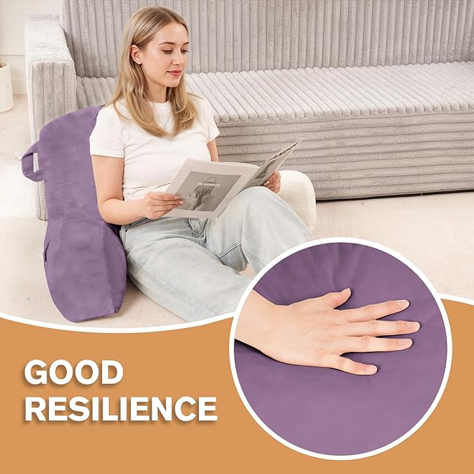 Unisakey Portable Comfy Reading Pillows for Bed Sitting Up(Lavender Purple Oeko-Tex), Velvet Back Pillow with Arms & Pockets for Adults, Support Memory Foam Bed Pillow for Dorm/Reading/Watching/Gaming