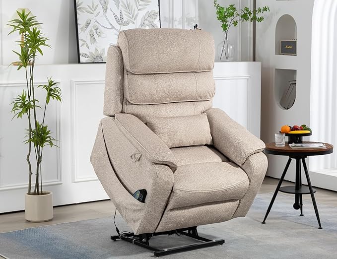 Beige Recliner Chair for Elderly | Tall and Big Man 400lbs | Chenille | Power Lift, Lay Flat, Stand Up, Wireless Charging Device, Extended Footrest, Massage Heat, Cup Holder, Lumbar Pillow