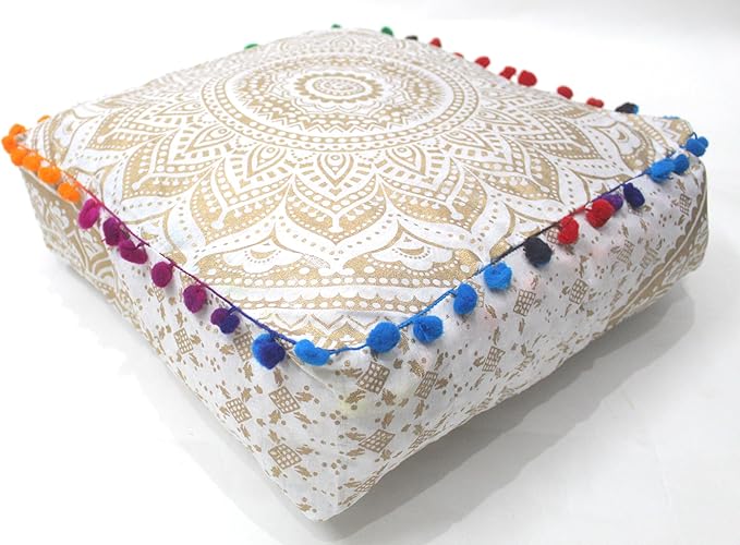 CRAFT KALA 16" Square Large Hippie Mandala Meditation Floor Ottoman Pillow Cushion Pouf Cover Square Poufs Bohemian Circle Floor Cushion Case Outdoor Fireplace Living Room Decor Cover Golden Ombre