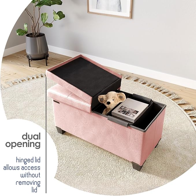 Storage Ottoman Bench with Bins, 30-in Storage Bench for Bedroom End of Bed, Folding Foot Rest Ottoman for Living Room Max 660lbs, Faux Leather Ottomans, Pink