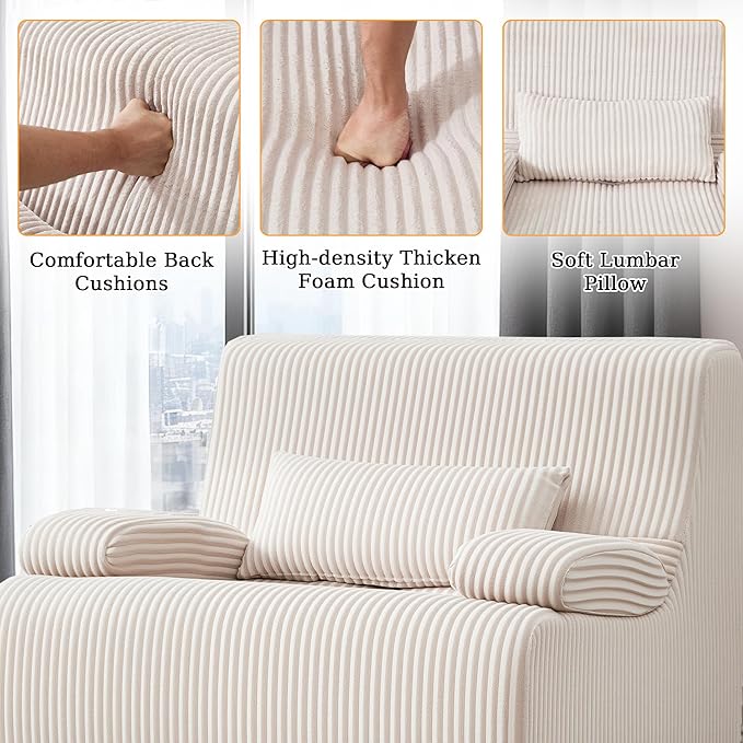AHMED Boneless Chair, Corduroy Cloud Chair Foam Couch with Wide Armrest&Pillow, No Assembly Reading Single Sofa for Living Room/Bedroom/Apartment, Beige,Single