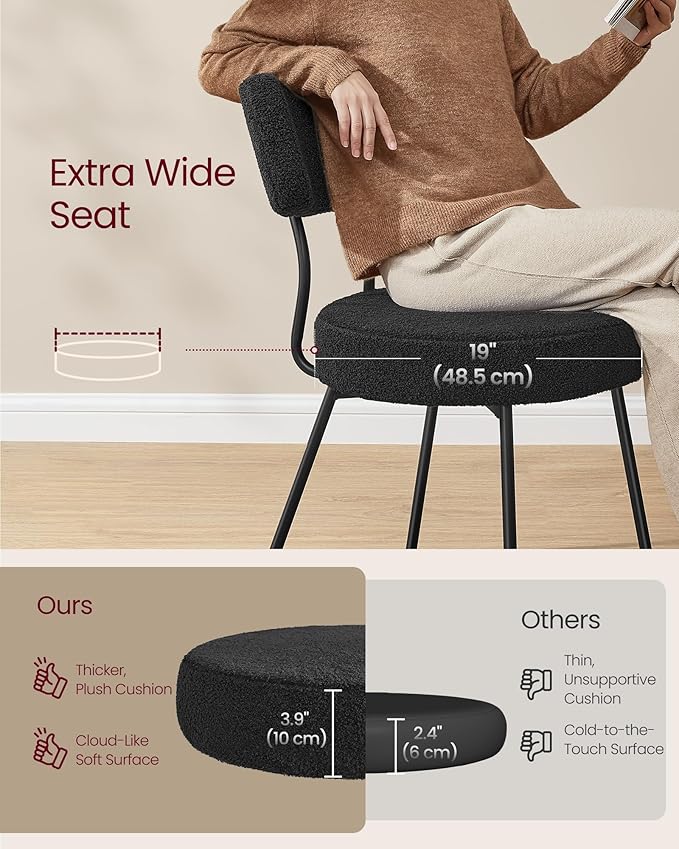 VASAGLE Boucle Dining Chairs Set of 6, Upholstered Kitchen Dining Room Chairs with Curved Backrest and Steel Frame, Modern Mid Century, Round, for Vanity, Living Room, Ink Black UKDC110B16