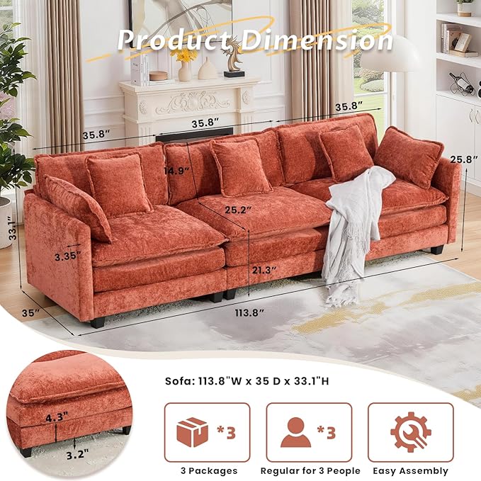 SoarFlash 113.78" Chenille Sectional Sofa, Comfy Modular Loveseat Sofa, Modern 3-Seat Couch Deep Seat Sofa Set for Living Room,Orange
