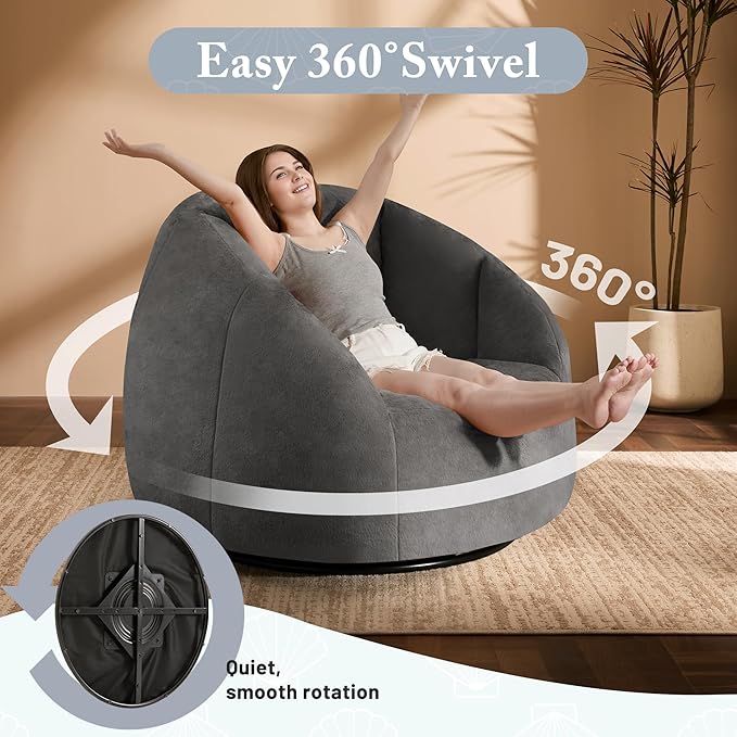 Swivel Giant Bean Bag Chair for Adults - Comfy Plush Round Shell Soft Accent Beanbag Chair, Oversized Cozy Floor Sofa Reading Chair for Living Room, Bedroom & Game Rooms, Gray