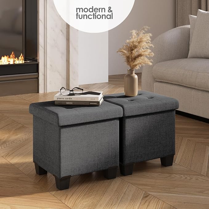 Storage Ottoman Cube with Small Bin, 16-in Square Ottoman with Storage for Living Room and Bedroom, Small Ottomans Foot Rest, Fabric Foot Stools Ottomans Max 330lbs, Grey