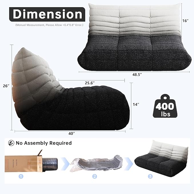 Bean Bag Chairs for Adults, Memory Foam Couch Loveseat Sofa Chair, Soft Teddy Material Cozy Comfy Reading Nook Chairs, Floor Chair for Living Room Bedroom Office(Black-White)