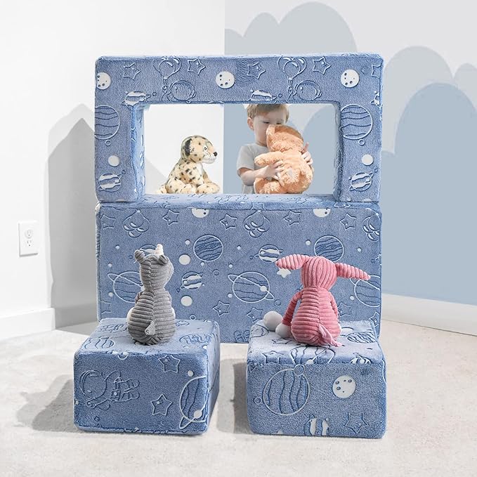 MeMoreCool Modular Kids Sofa, Glow in The Dark Space Kids Play Couch Sofa, Blue Fold-Out Foam Lounger Chair for Girls and Boys, Bedroom and Playroom
