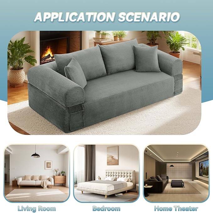 GJQ Convertible Floor Sofa Bed,83" 3 Seater Couch with Pillow Back & Storage Pockets,Corduroy Boneless Couch for Living Room,Compressed Sofa in a Box No Assembly,Light Gray